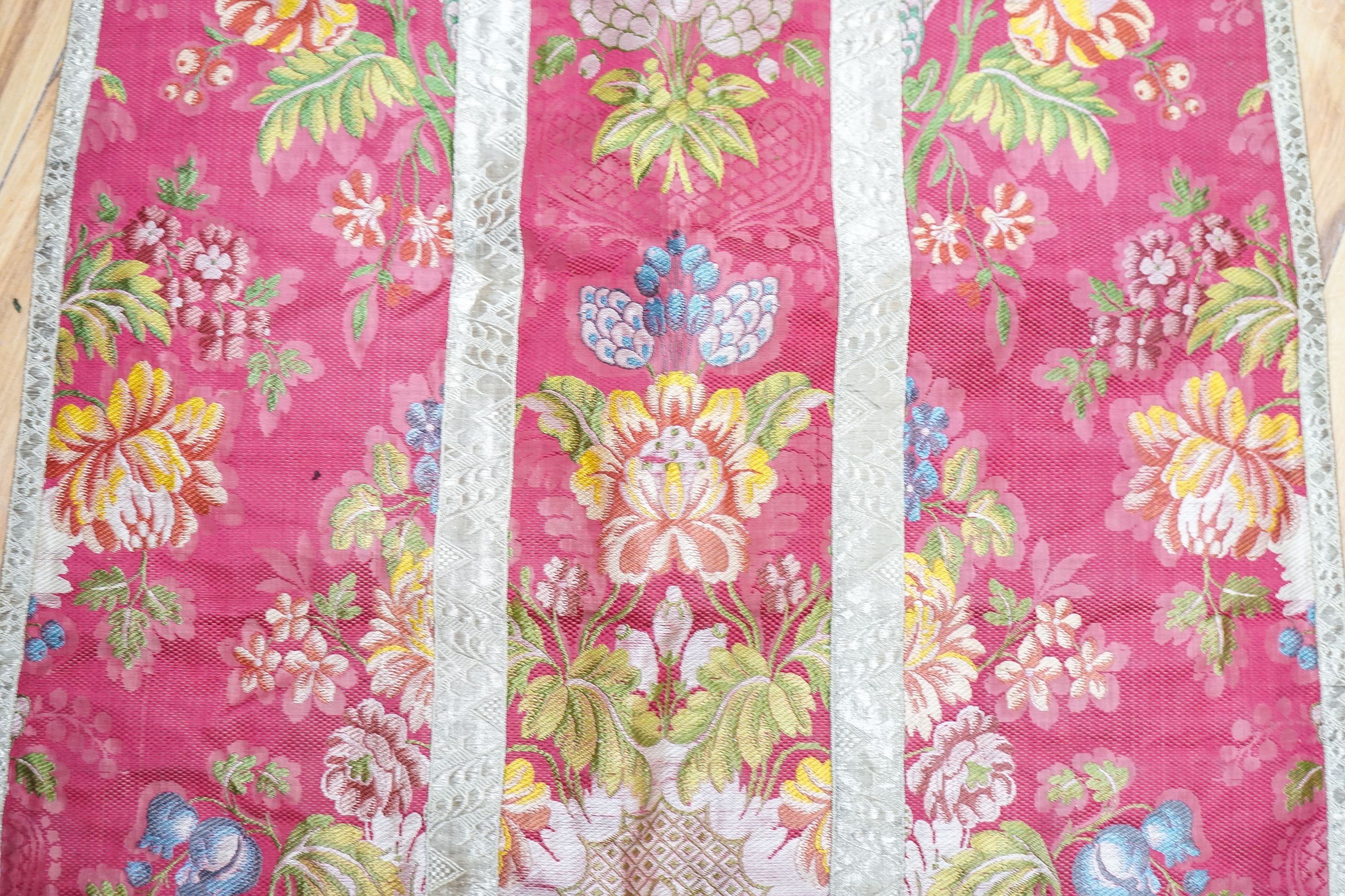A woven silk ecclesiastical cope vestment and a pink silk shawl (2)